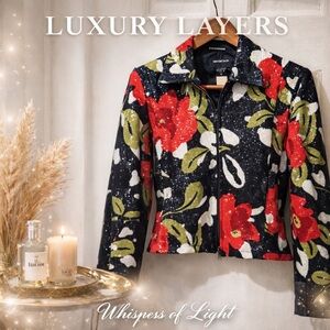 Mesmerize Floral Sequin Jacket | Black Red Statement Zip Jacket XS